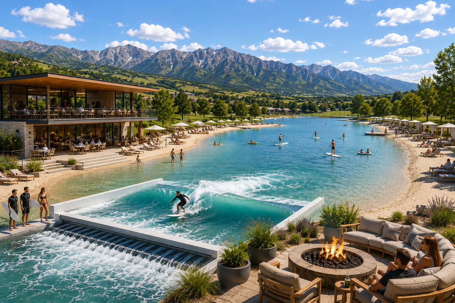 Conceptual rendering of the Beach Club and Surf Lake at Three Bridges