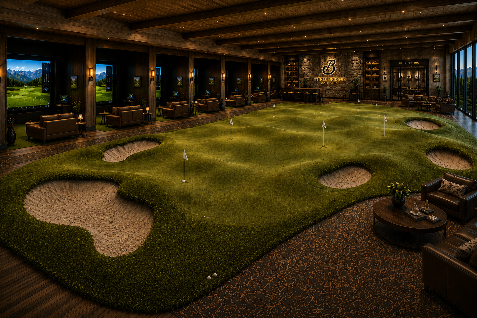 Conceptual rendering of Three Bridges indoor golf practice facility