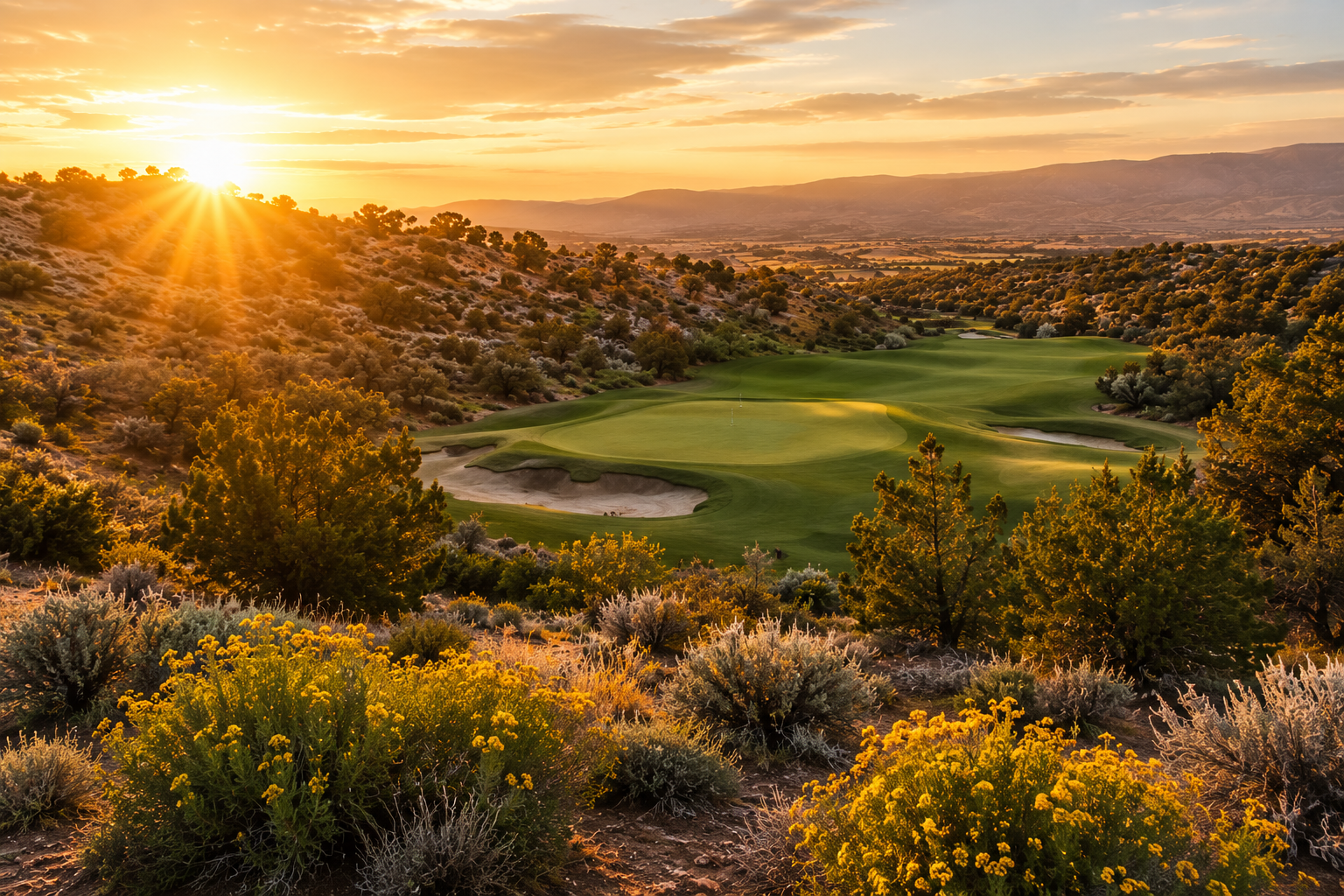 Sun cresting over a mountain golf course